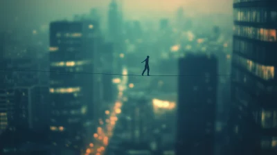 Tightrope Walker in Cityscape