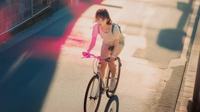 Young Japanese model riding bicycle in vaporwave colors