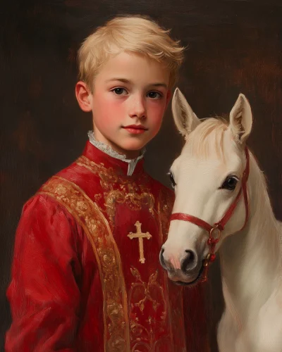 Blonde boy in red costume with foal