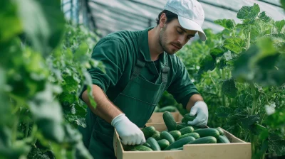 Harvesting Cucumbers in a Greenhouse