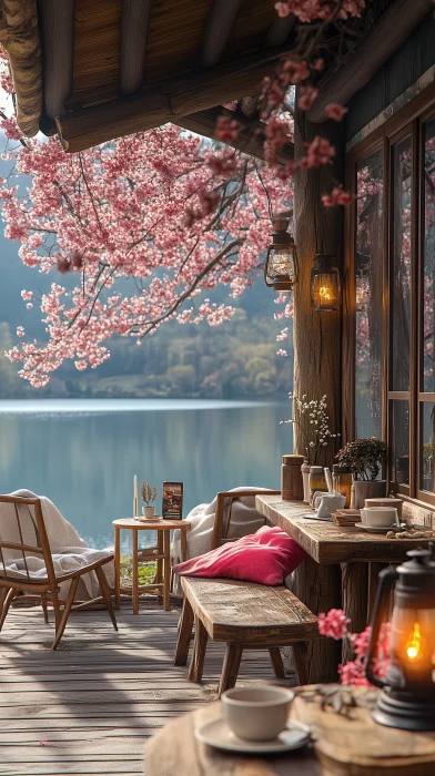 Cozy Outdoor Cafe Terrace in Spring Landscape