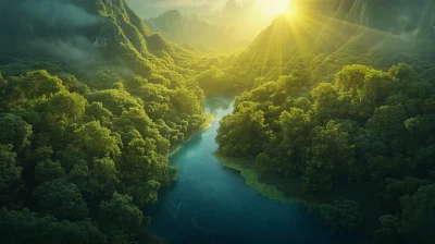 Aerial View of Forest with River and Mountain