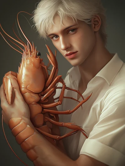 Hyper Realistic Male Holding Giant Shrimp