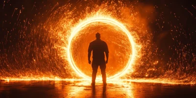 Man Facing Circle of Sparks