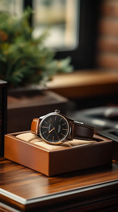 Studio Product Photography of Leather Watch and Box