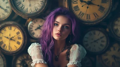 Vintage Aesthetic Woman Surrounded by Clocks