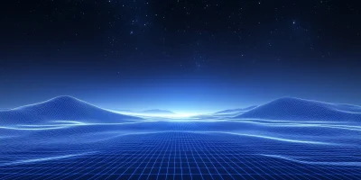 3D Grid Landscape with Blue Glow