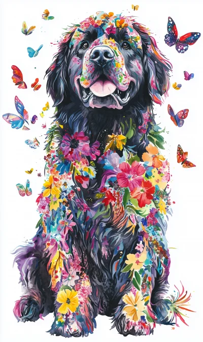 Colorful Watercolor Illustration of a Newfoundland Dog with Flowers and Butterflies