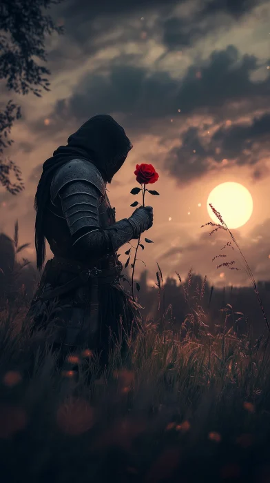 Warrior with Red Rose in Field