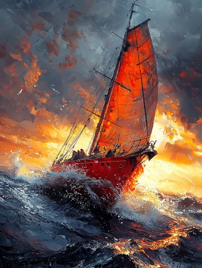 Red Sailboat Fantasy Painting