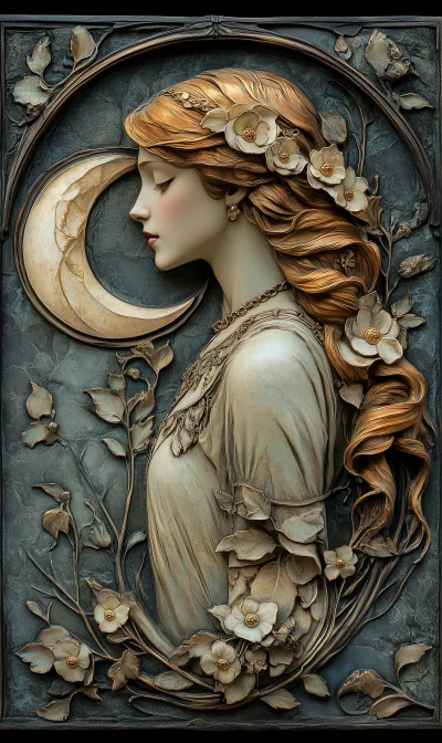 Art Nouveau Relief of a Woman Holding Sun and Moon