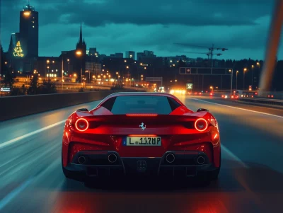 Red Ferrari on Autobahn at Night