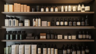 Neatly arranged grooming and fitness products on shelves