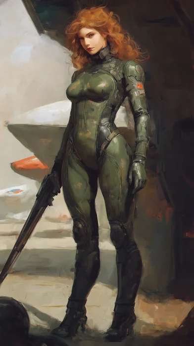 Futuristic Olive Green Spacesuit Power Pose