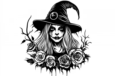 Witch with Roses Vector Line Art