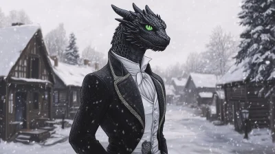 Dragonborn in Victorian attire in snowy village