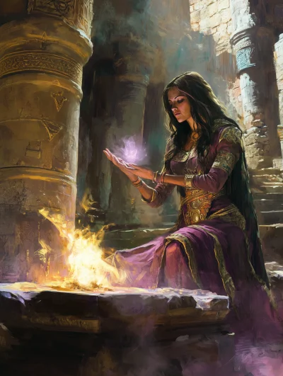 Fantasy Sorceress Conjuring Djinni in Ruined Temple