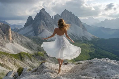 Woman Dancing in Dolomites Mountains