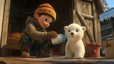 Feeding a Polar Bear Cub in a Wooden Shed