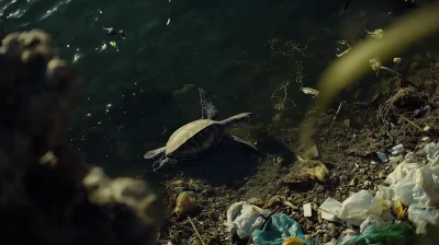 Plastic Pollution at Beach with Sea Turtle