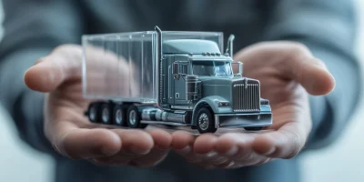 Male Hands Holding Transparent Windshield Glass and Toy Semi Truck