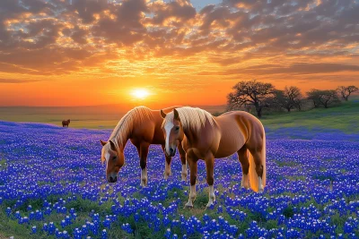 Horses in Bluebonnet Field