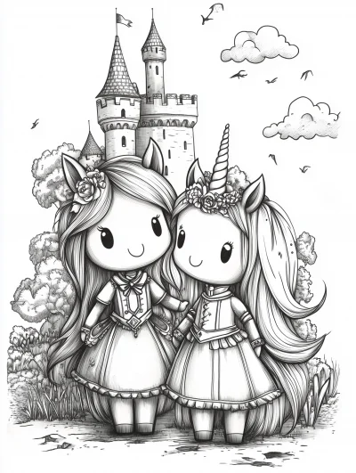 Cute Unicorn Princess and Prince in Coloring Book Style