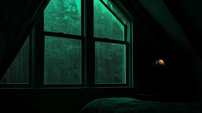 Dark Green Bedroom Window Overlooking Forest at Night