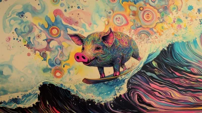 Psychedelic Pig Surfing on Wave