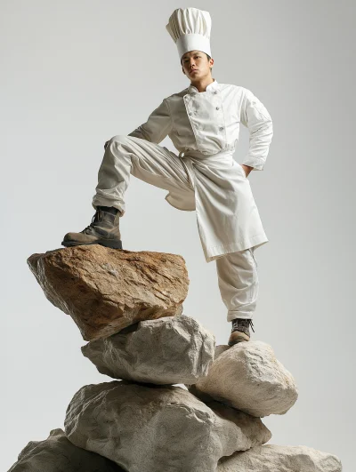 Confident Asian Baker on Rocks