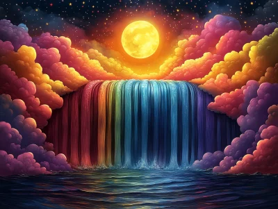 Whimsical Rainbow Waterfall Illustration