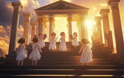 Seven Princesses and Eight Little Angels on Steps at Sunset