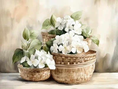 Woven Baskets with Flowers Watercolor Painting