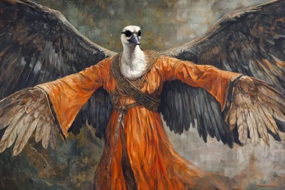 Flying humanoid goose with long neck and eyepatch