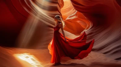 Red-dressed model in Upper Antelope Canyon