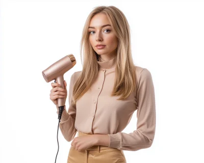 Blond woman holding a hair dryer