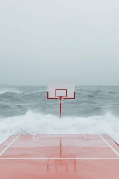 Minimalist Basketball Court in Stormy Ocean