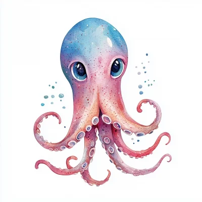 Cute minimalist squid character in watercolor style