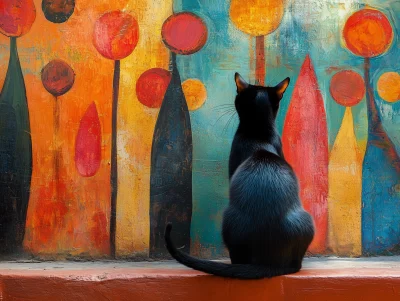 Whimsical Cat Silhouette Folk Art Painting