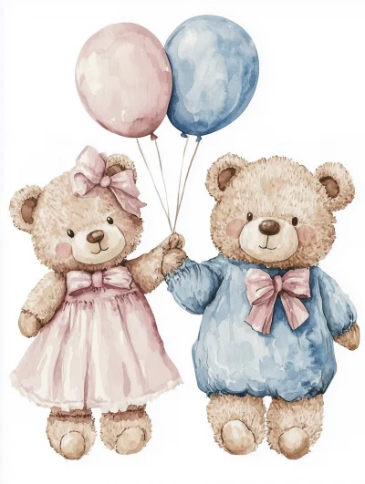 Watercolor Sticker of Teddy Bears with Balloons