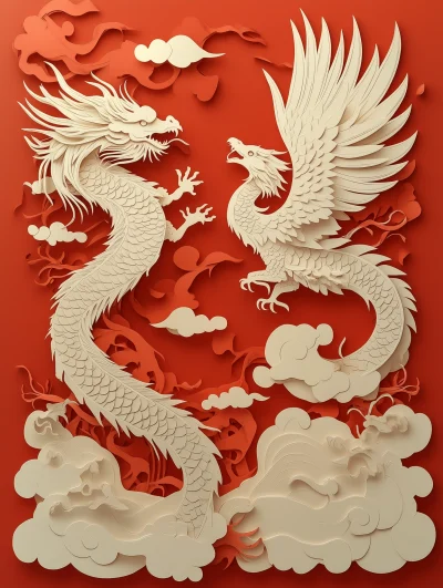 Chinese Dragon and Phoenix Flying