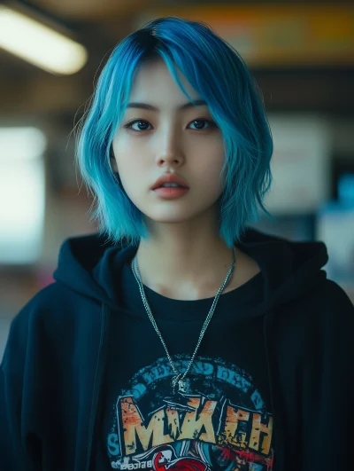 Cinematic portrait with vibrant blue hair