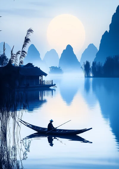 Chinese Ink Painting of a Lonely Fisherman on a Quiet Lake