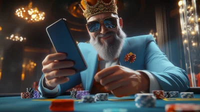 Smiling Man with Smartphone on Poker Table