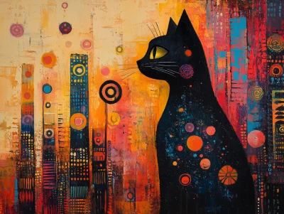 Whimsical Cat Silhouette Folk Art