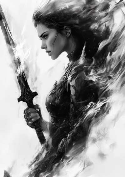 Woman Warrior Portrait with Flaming Sword