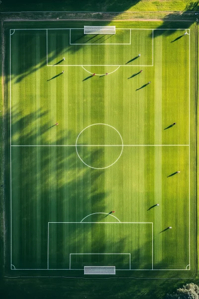 Aerial view of empty soccer field with players training