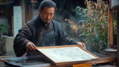 Ancient Chinese Paper Maker in Workshop