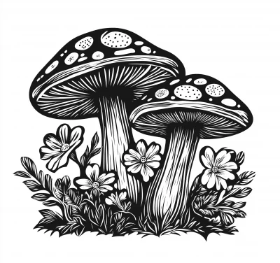 Mushrooms and Flowers Linocut Art