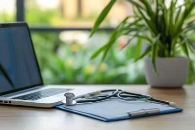 Doctor Working with Stethoscope and Laptop in Hospital